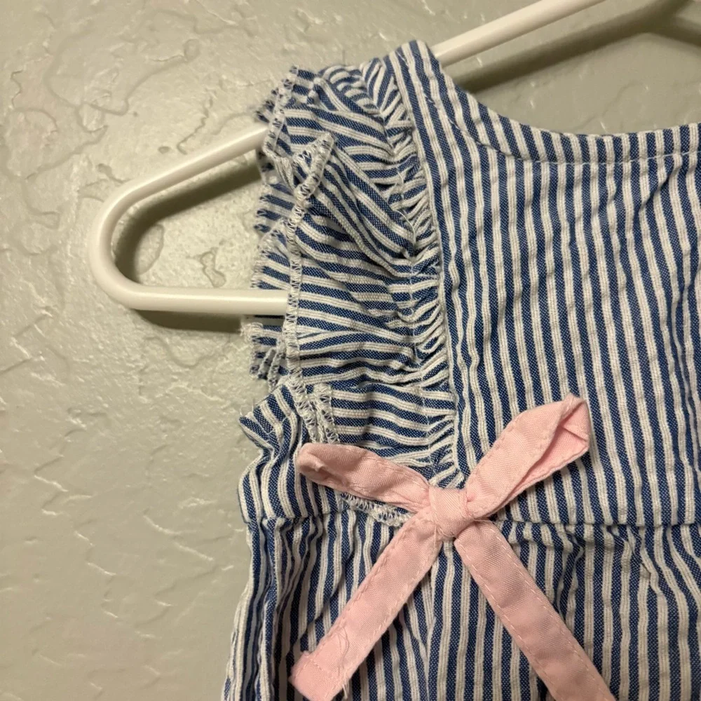 ⭐️Ruffle Butts blue and white striped pink bow ruffle romper 0-3 months